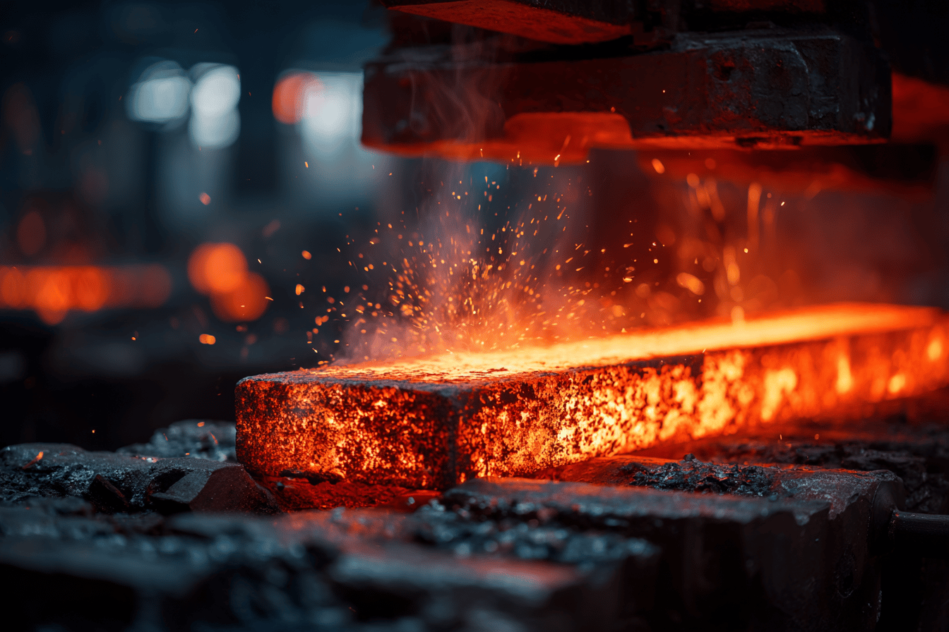 Разогретая заготовка под молотом кузнечно-прессового оборудования